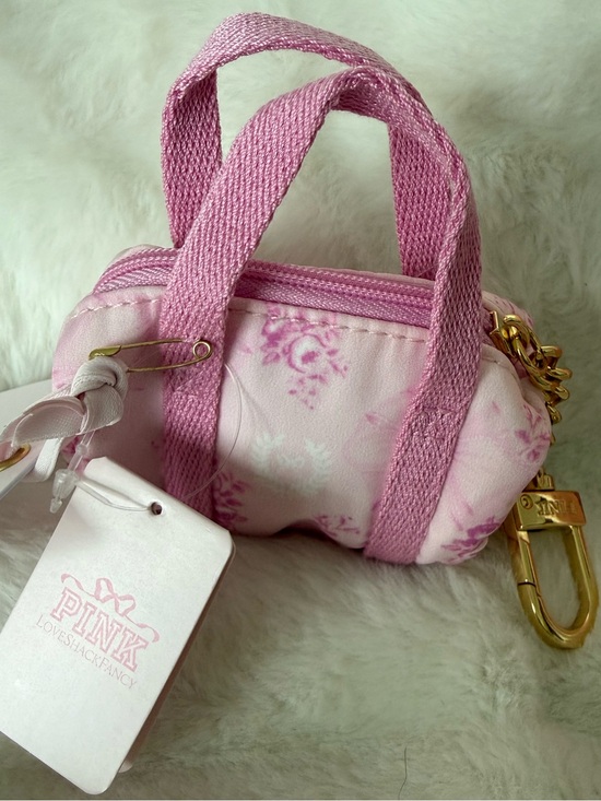 PINK LOVESHACKFANCY Pink Mini Duffle Bag Key Chain with  PINK X LoveShackFancy Mini Duffle Keychain Charm Pink Roses /Flowers